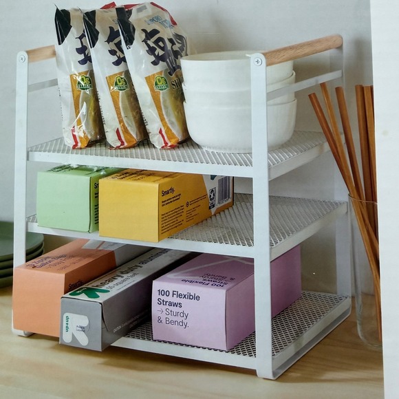 Brightroom Other - Brightroom Metal 3-Tier Box Organizer White Natural Wood Adjustable Kitchen Rack